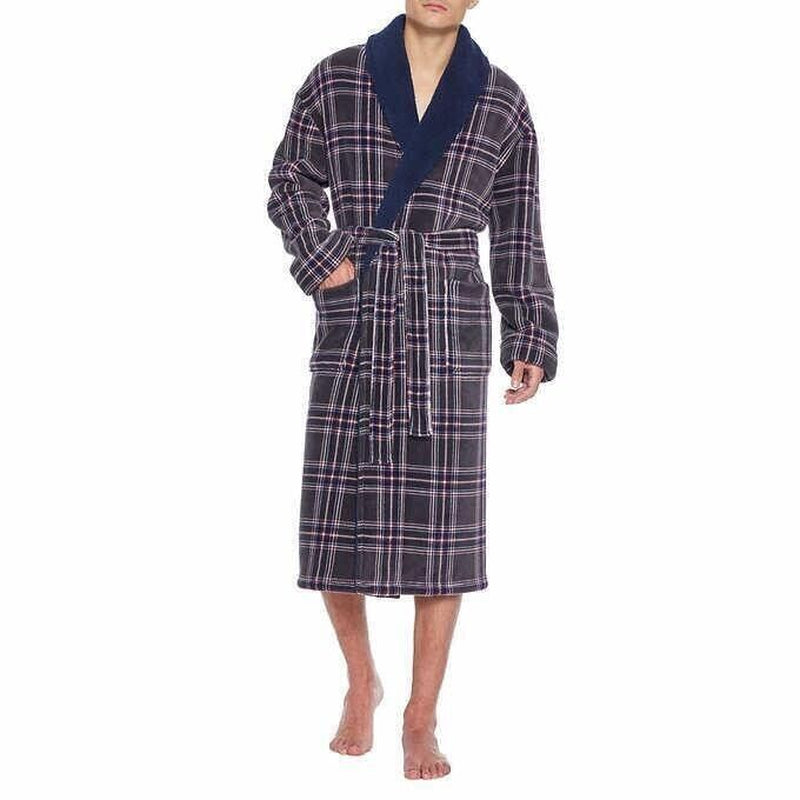 Majestic Mens Robe Gray Multicolor Plaid Faux Shearling Pockets Heavyweight -New