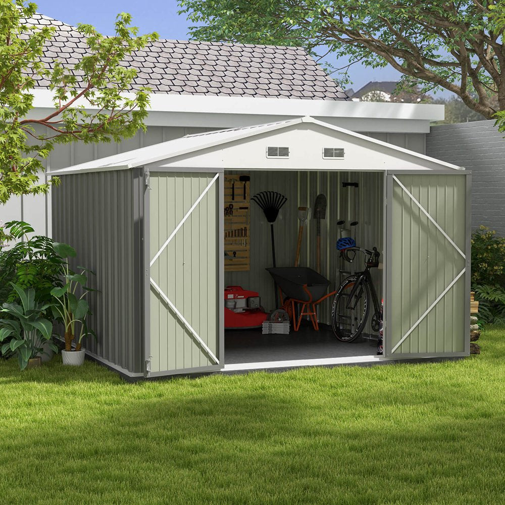 Patiowell Size Upgrade 10 X 10 Ft Outdoor Storage Metal Shed with Sloping Roof and Double Lockable Door, Gray