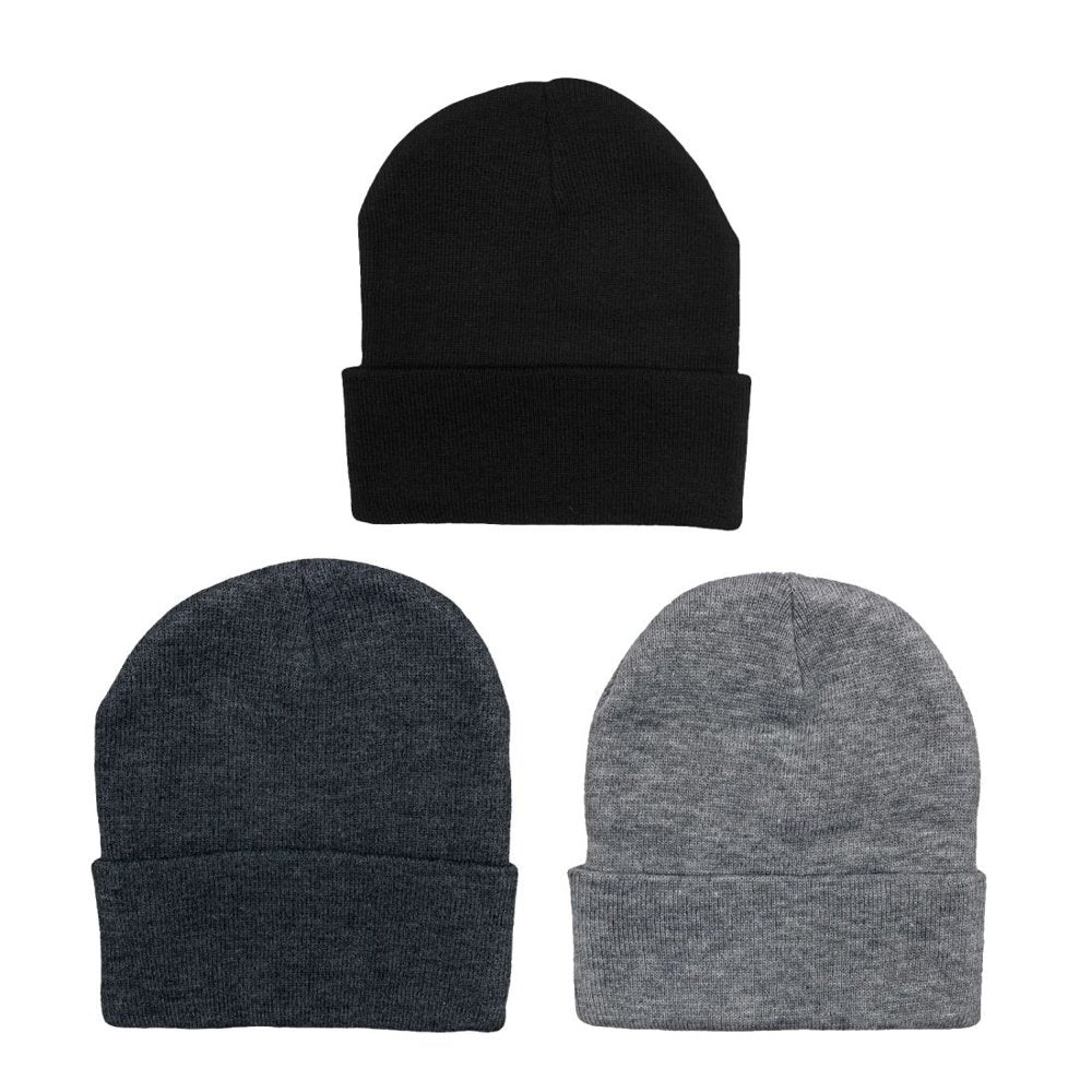 Empire Cove Cuffed Knit Beanie 3 Pack Set of Black Charcoal Heather Grey