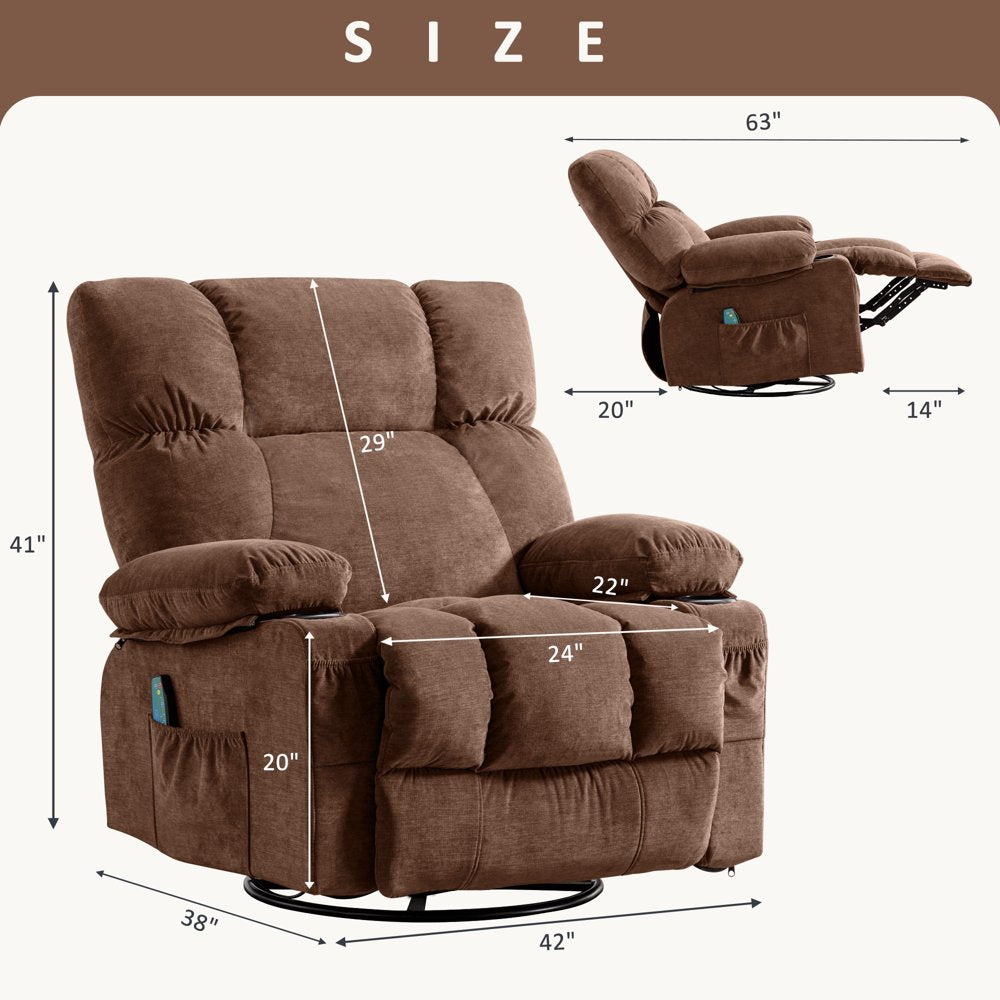 JONPONY Massage Rocker Recliner Chair with Vibration Massage and Heat Ergonomic Lounge Chair for Living Room with Rocking Function and Side Pocket, 2 Cup Holders, USB Charge Port,Brown