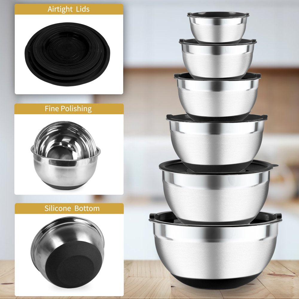 Yucook Mixing Bowls with Lids: 20 Pcs Stainless Steel Mixing Bowls Set with Rubber Bottom, 7, 4, 3.5, 2.5, 2, 1.5QT Metal Mixing Bowls for Kitchen, Black