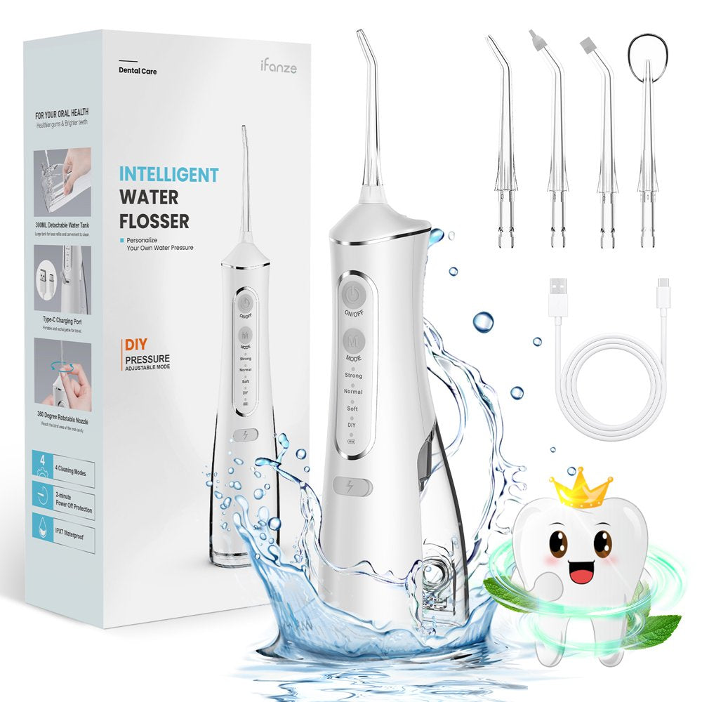 Ifanze Cordless Water Flosser, Rechargeable Oral Irrigator with 4 Cleaning Modes & 4 Nozzles, Portable Dental Oral Flosser for Travel Home Office, White