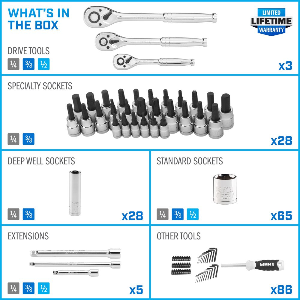 HART 215-Piece Mechanics Tool Set, Multiple Drive, Chrome Finish