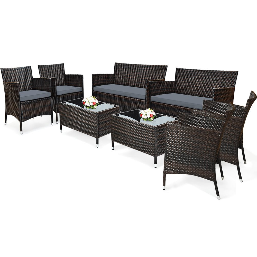 Costway 8PCS Rattan Patio Furniture Set Cushioned Sofa Chair Coffee Table Garden Grey