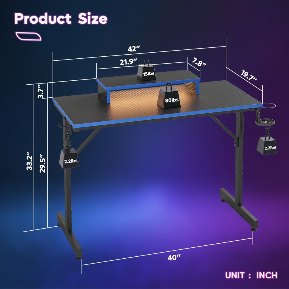 Bestier 42" Gaming Desk PC Computer Table with LED Lights & Monitor Stand & Hook & Cup Holder in Blue