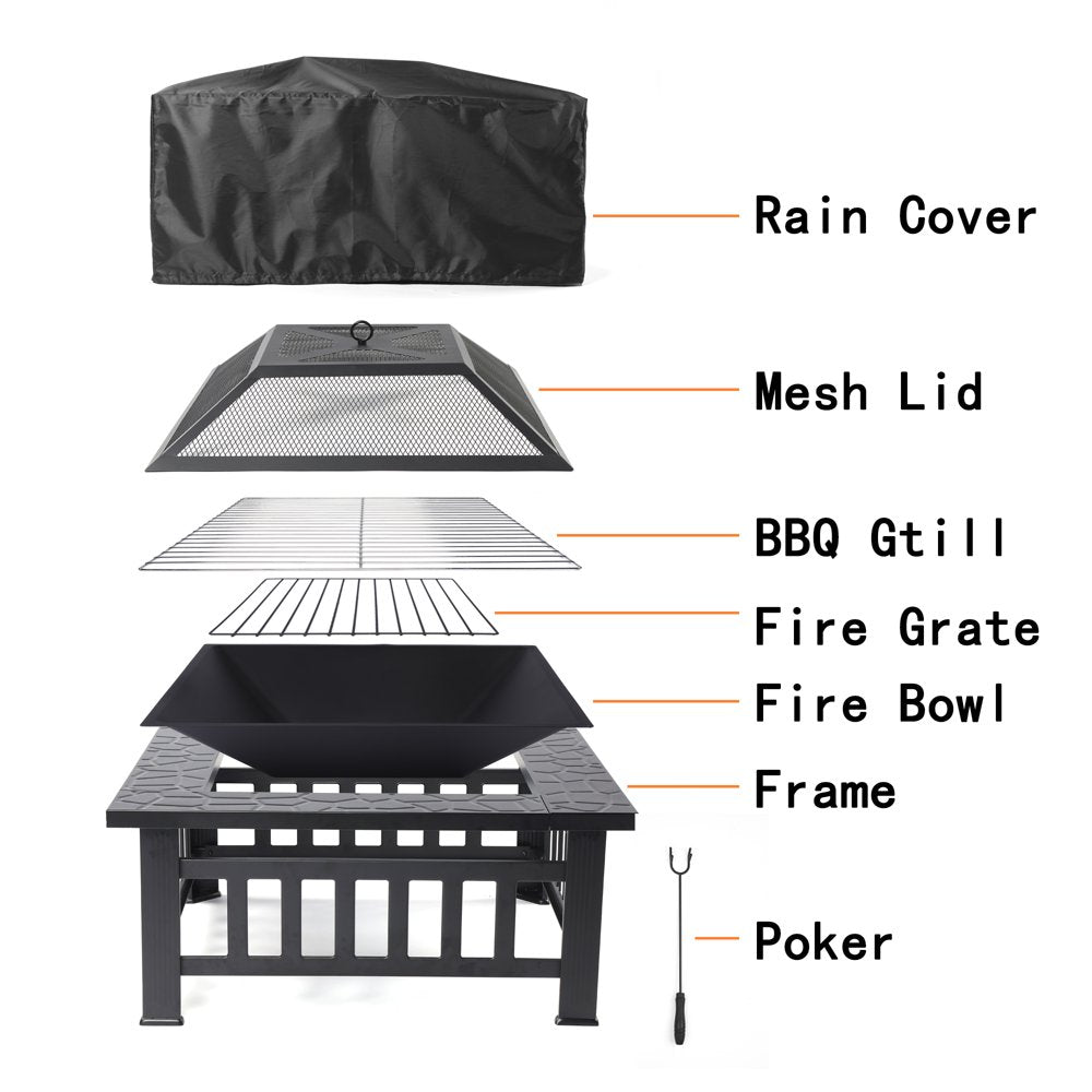 Fire Pits for Outside, 32" Wood Burning Fire Pit Tables with Screen Lid, Poker, BBQ Net, Ice Tray, Food Clip and Cover, Backyard Patio Garden Outdoor Fire Pit/Ice Pit/Bbq Fire Pit, Black