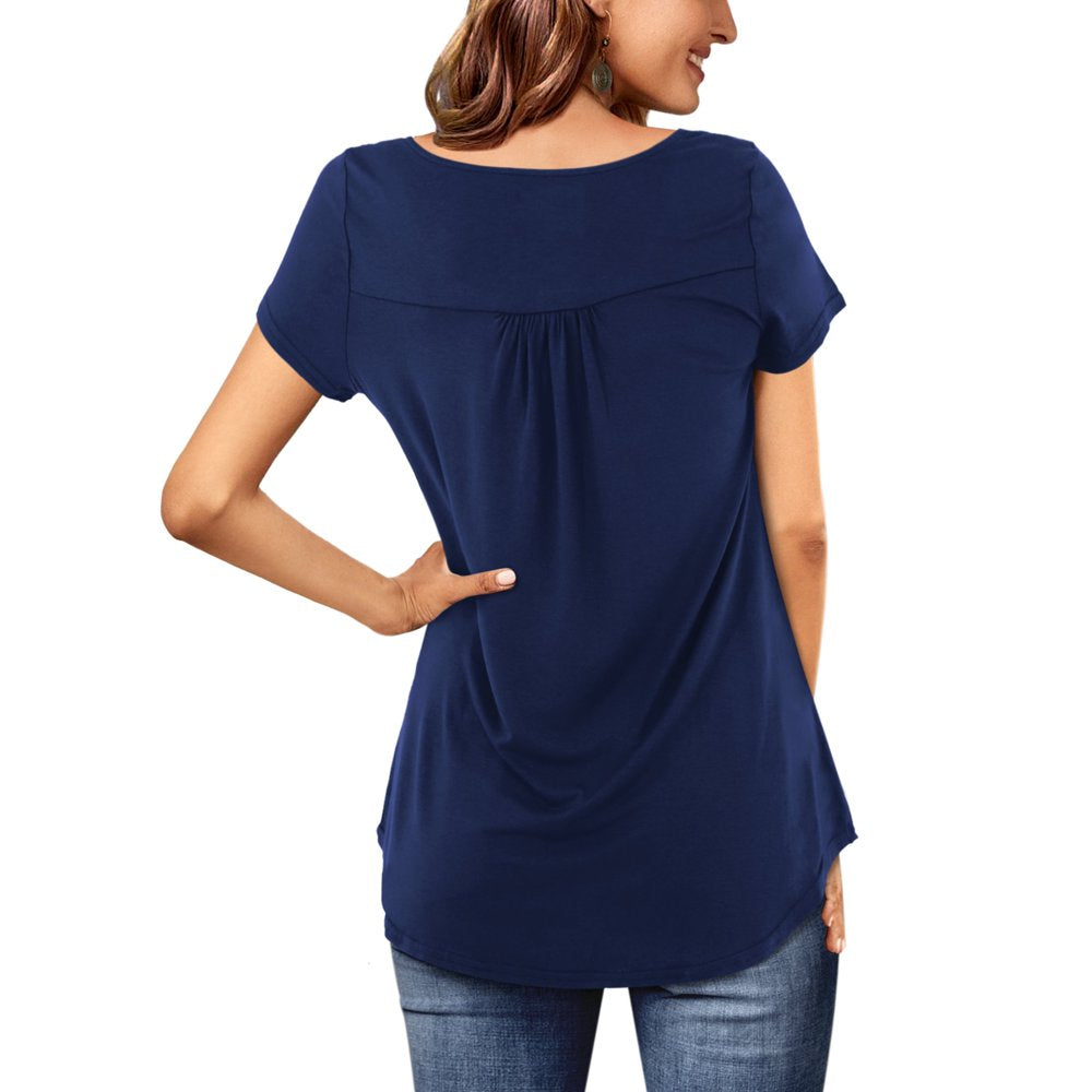 Amoretu Women'S round Neck Henley Shirts Short Sleeve Tops Casual Tunic (Navy, S)