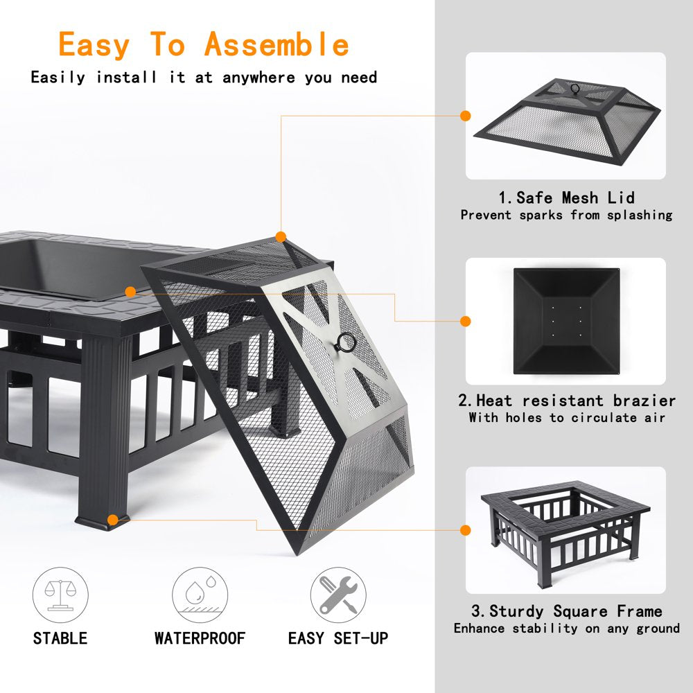 Fire Pits for Outside, 32" Wood Burning Fire Pit Tables with Screen Lid, Poker, BBQ Net, Ice Tray, Food Clip and Cover, Backyard Patio Garden Outdoor Fire Pit/Ice Pit/Bbq Fire Pit, Black