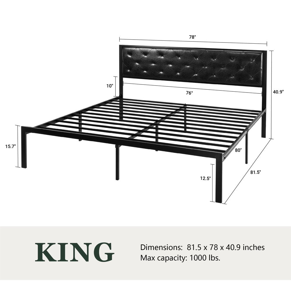 Amolife King Size Metal Bed Frame with Faux Leather Upholstered Headboard, Black