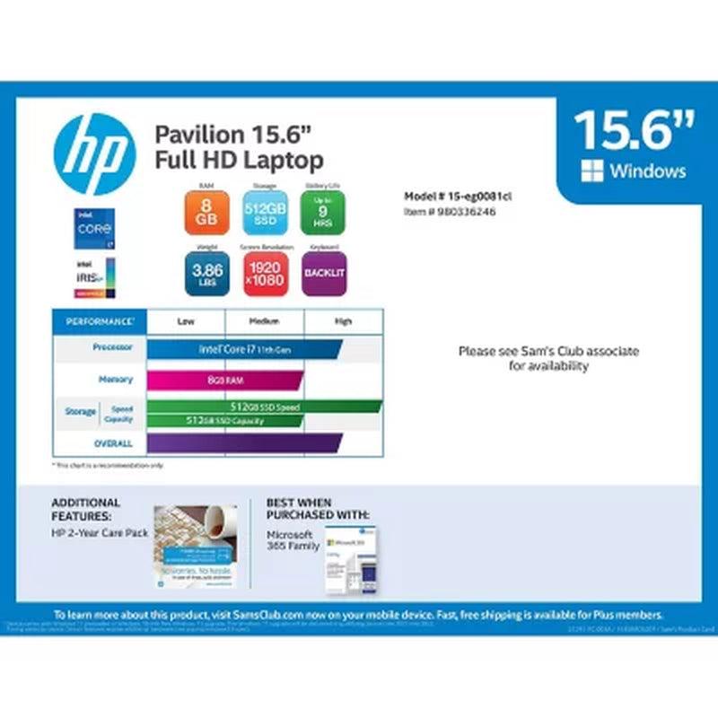 HP Pavilion - 15.6" Full HD Laptop - Intel Core I7 - 8GB RAM - 512GB SSD - 2 Year Warranty Care Pack + Accidental Damage Protection - Windows