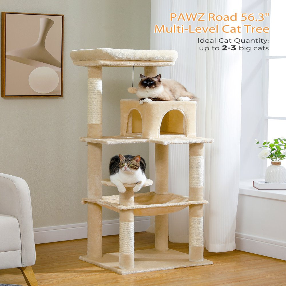 PAWZ Road Cat Tree 56" Sisal Scratching Posts Tower with Large Perch Hammock for All Indoor Cats,Upgrade Beige