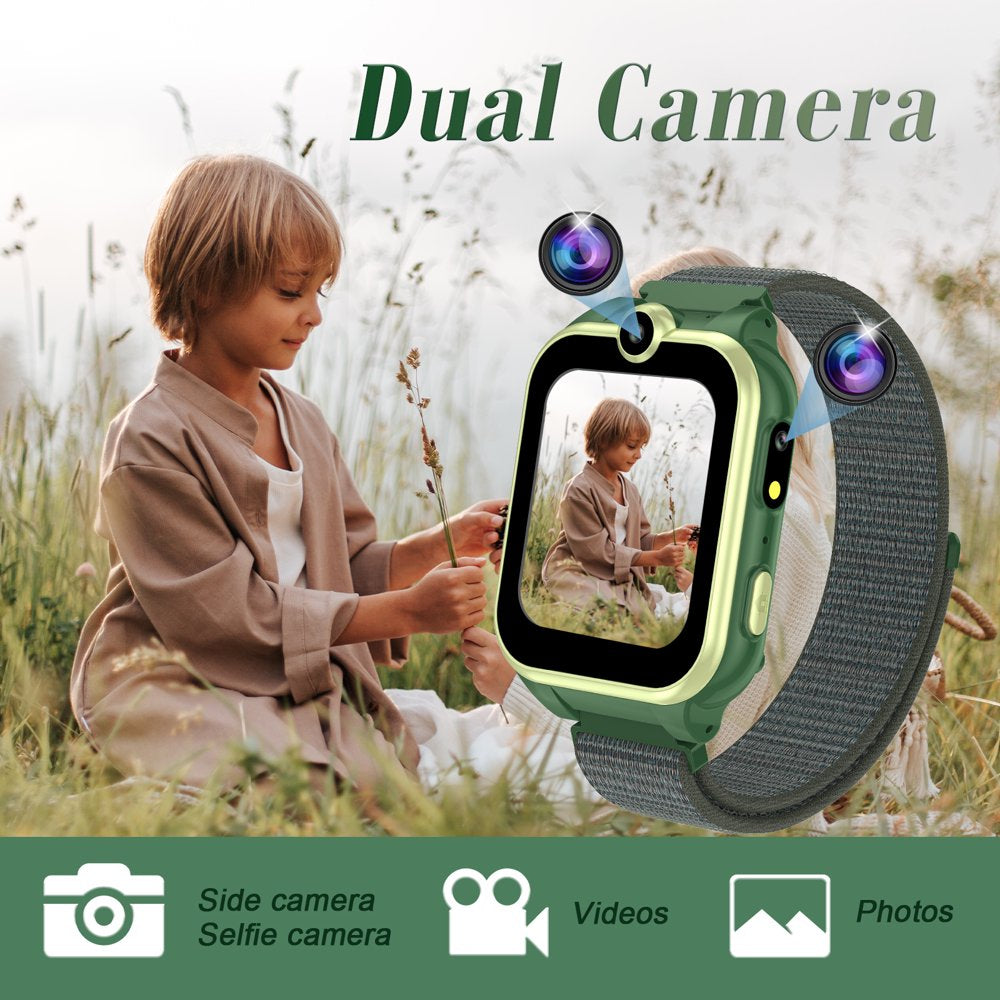 PTHTECHUS 1.54" Smart Watch for Boys Girls Smartwatch for Kids with Dual Camera Games Video MP3 Children Touch Screen Green