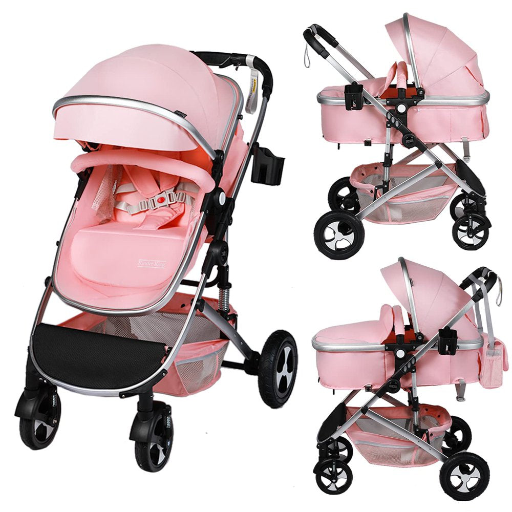 Kinder King 2 in 1 Convertible Baby Stroller, Folding Infant Newborn Reversible Bassinet Pram Stroller, Pink