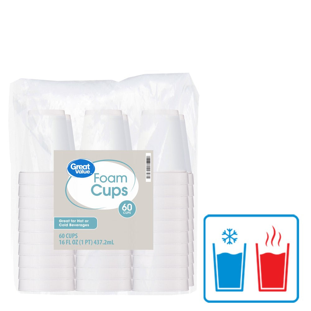 Great Value Disposable Foam Cups, 16 Oz, 60 Count