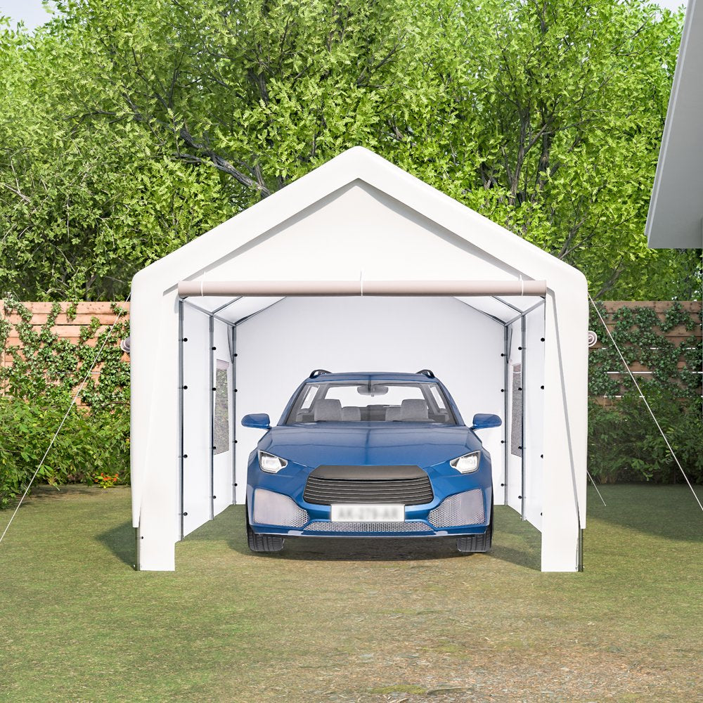 Lzbeitem 10X20 Ft Heavy Duty Steel Carport Storage Boat Shed Canopy Garage Car Shelter Portable Party Tent with Window Sidewalls Doors, White