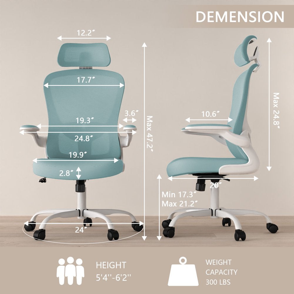 Lioncin Office Chair, High Back Ergonomic Desk Chair, Breathable Mesh Desk Chair with Adjustable Lumbar Support and Headrest, Swivel Task Chair with Flip-Up Armrests,Light Blue