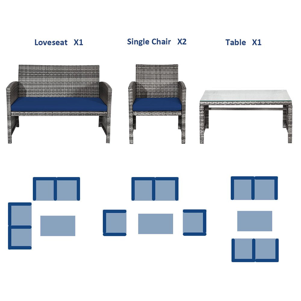 Costway 4PCS Patio Rattan Furniture Set Conversation Glass Table Top Sofa Cushioned Navy