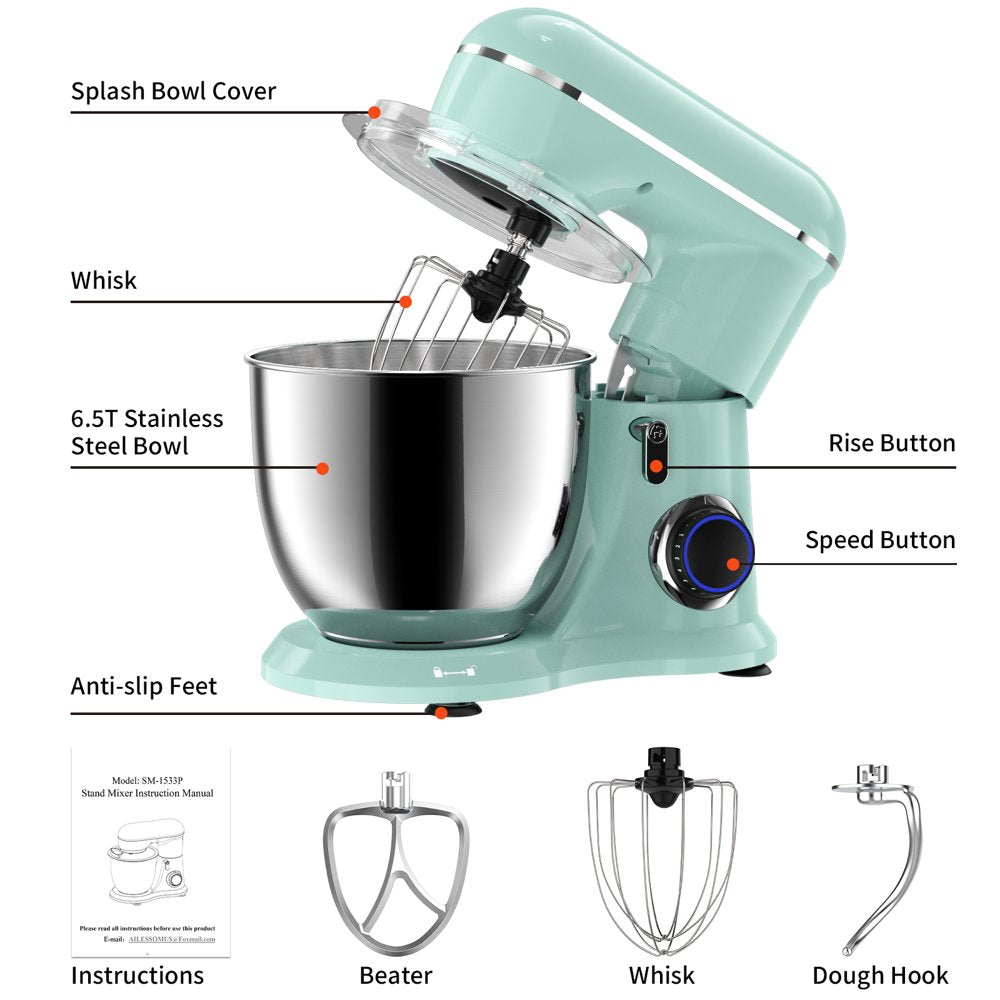 Samsaimo Stand Mixer,6.5-Qt 660W 10-Speed Tilt-Head Food Mixer, Kitchen Electric Mixer with Bowl, Dough Hook, Beater, Whisk for Most Home Cooks, (6.5QT, Agave Green）