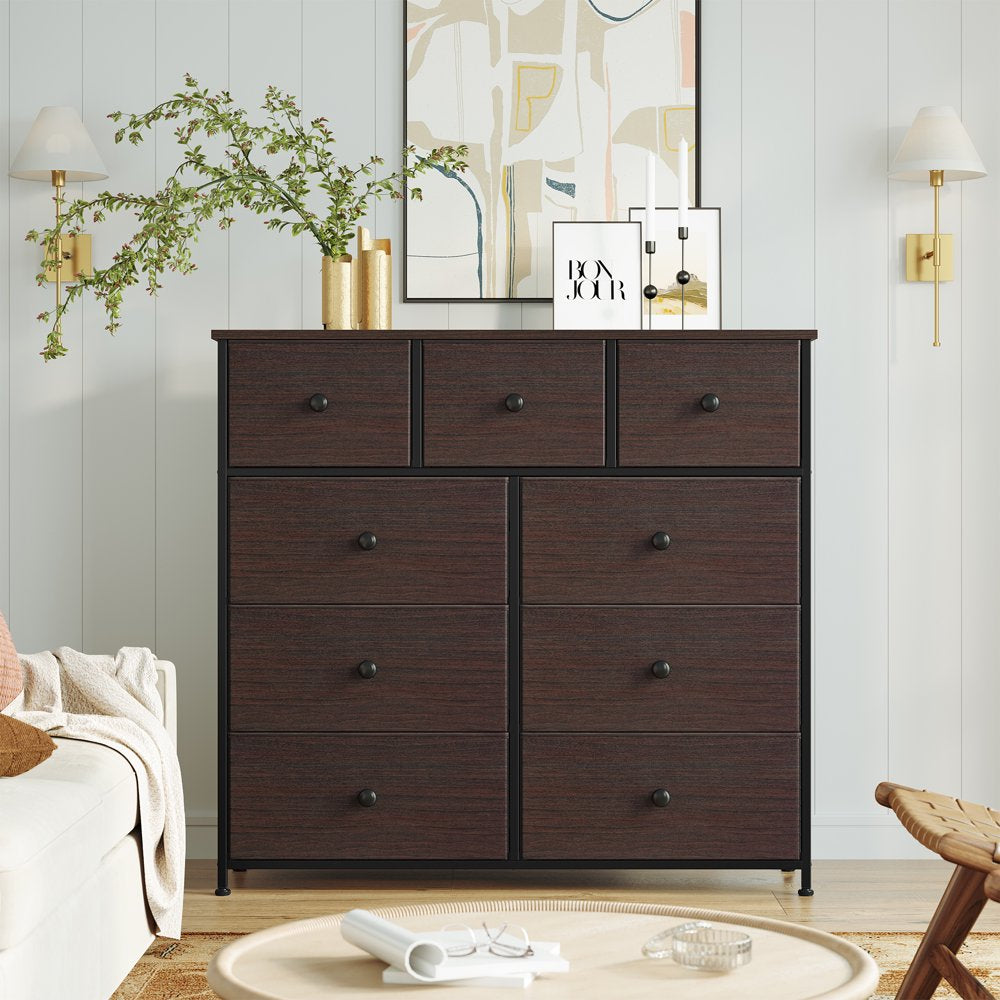 REAHOME 9 Drawers Dresser, Chest of Drawers Fabric Dressers with Leather Finish for Adult Dressers for Bedroom Brown