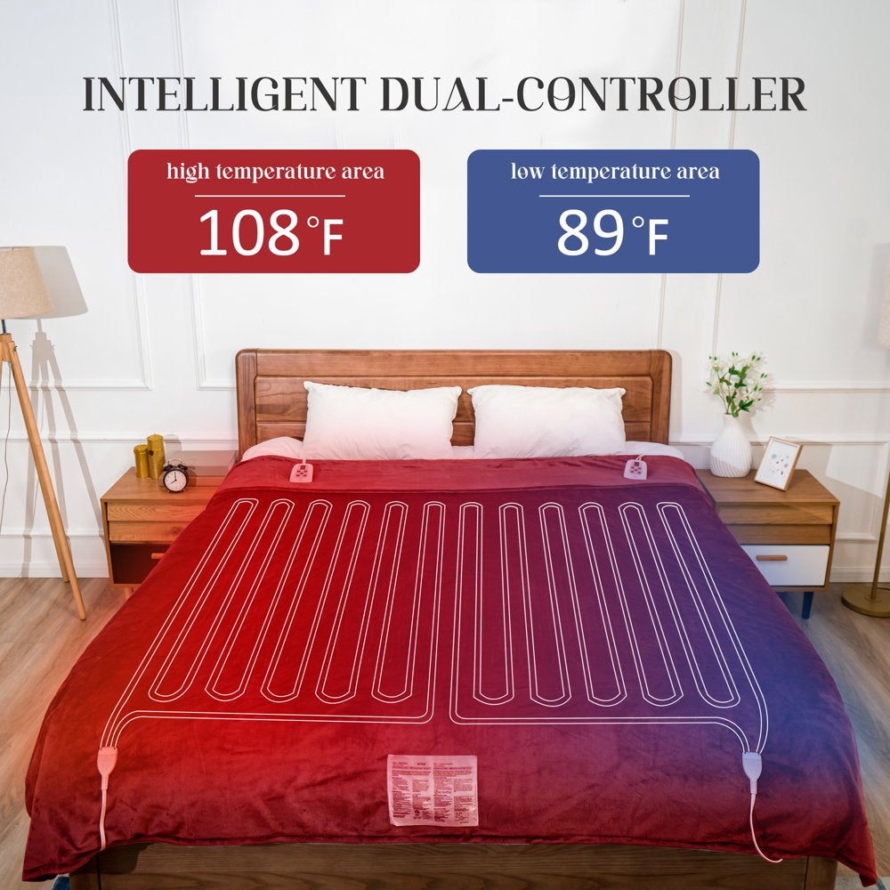 Electric Blanket King Size with Dual Controllers,10 Heating Levels& 12 Hours Auto-Off,Overheat Protection,Red