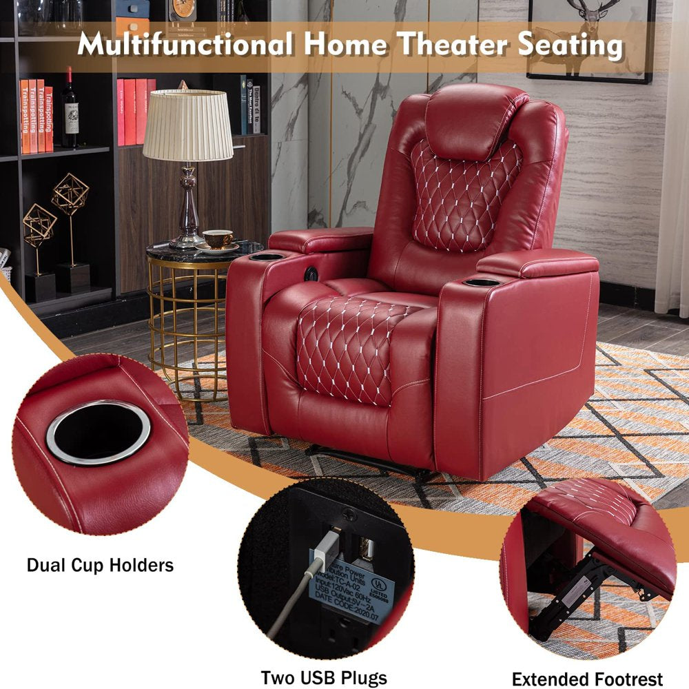 Bonzy Home Power Recliner Chair with USB Ports and Cup Holders - Overstuffed Electric Home Theater Seating PU Leather Reclining Furniture with Hidden Arm Storage (Red)