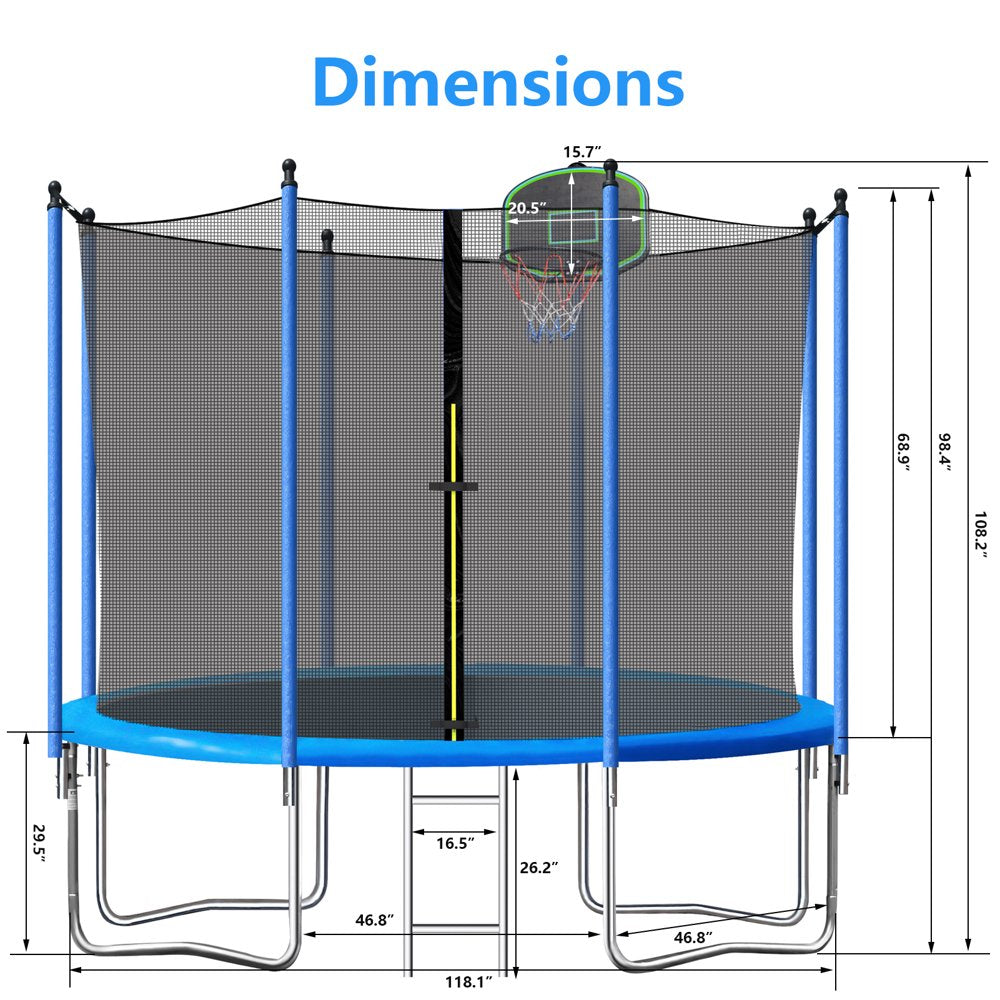 SEGMART 10Ft Trampoline for Kids with Basketball Hoop and Enclosure Net/Ladder,Blue