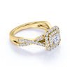 Elegant 1 Carat - Square Cut Diamond - Twisted Band - Pave - Double Halo Engagement Ring - 10K Yellow Gold