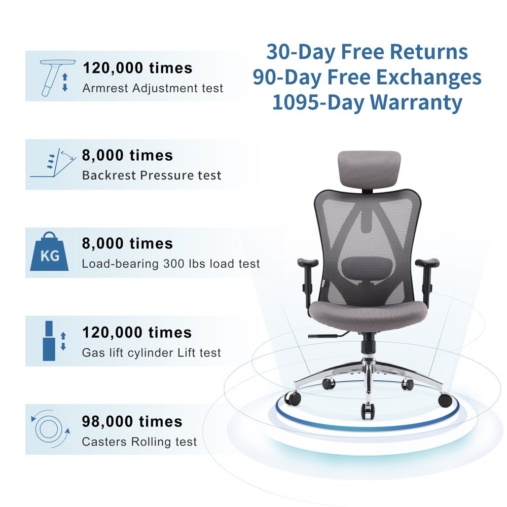 SIHOO Ergonomic High Back Office Chair, Adjustable Computer Desk Chair with Lumbar Support, 300Lb, Gray