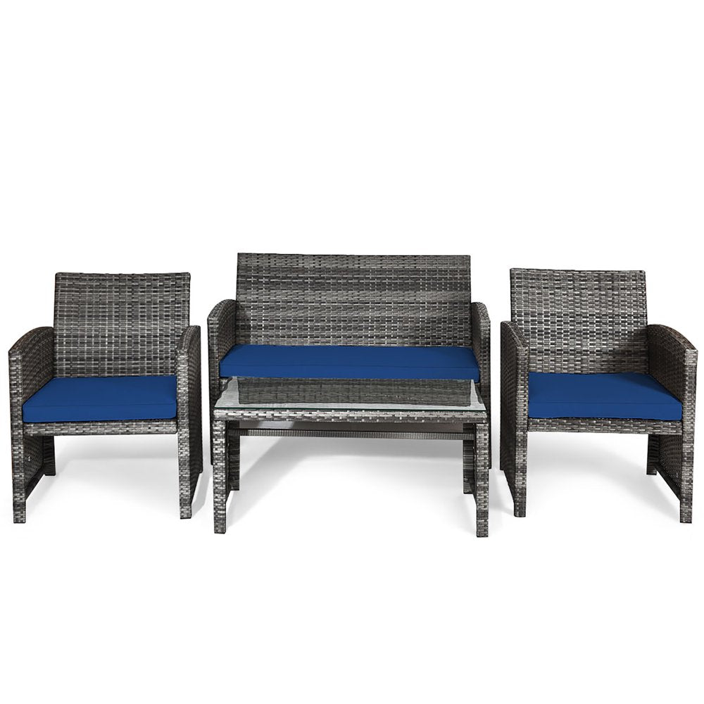 Costway 4PCS Patio Rattan Furniture Set Conversation Glass Table Top Sofa Cushioned Navy