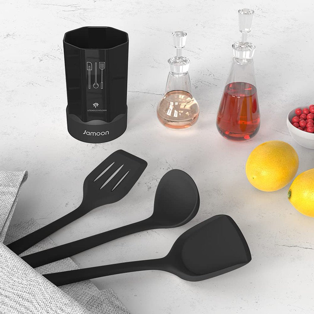 Black Silicone Cooking Utensils Set - 446°F Heat Resistant Kitchen Utensils,Turner Tongs,Spatula,Spoon,Brush,Whisk,Kitchen Utensil Gadgets Tools Set for Nonstick Cookware,Dishwasher Safe (BPA Free)