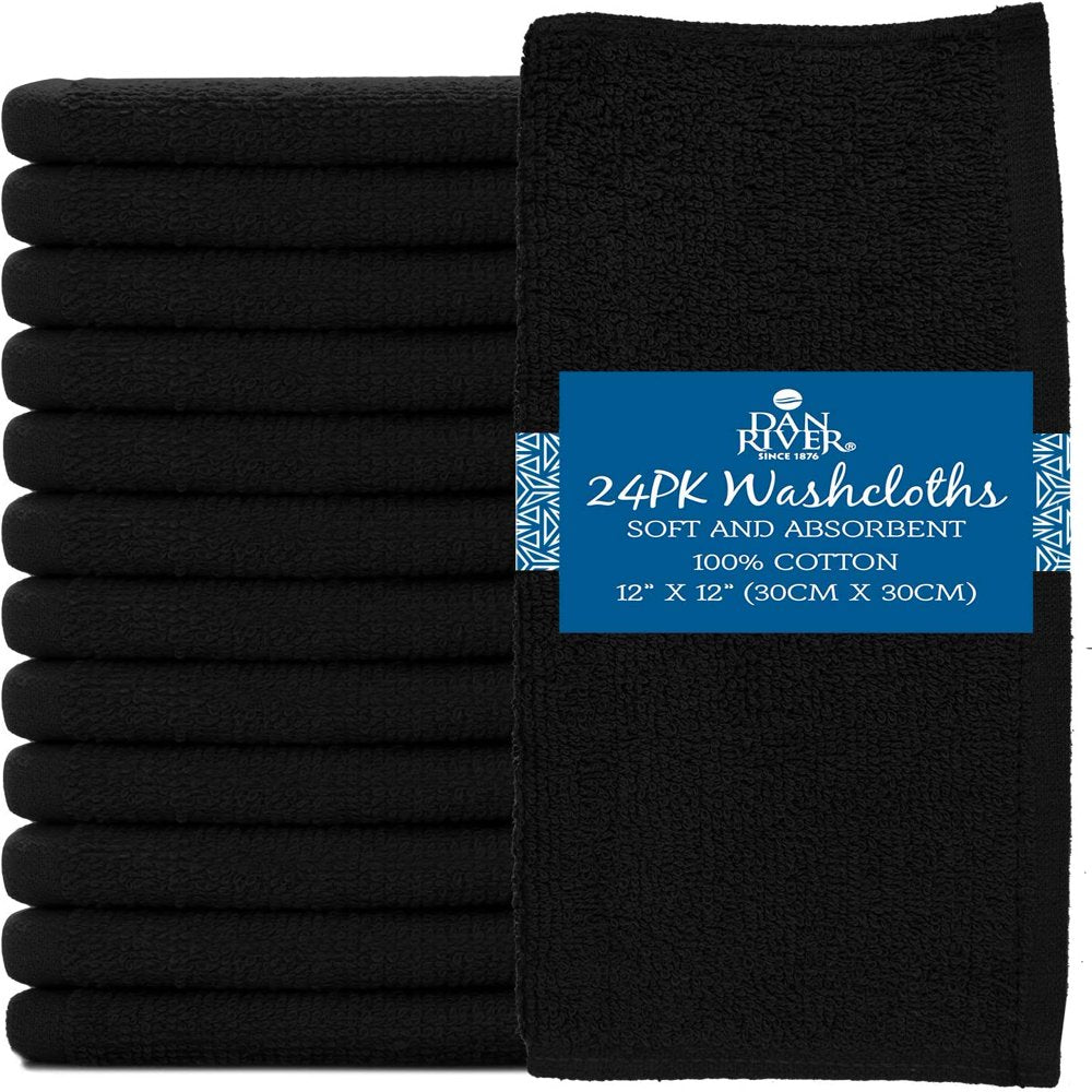 DAN RIVER 100% Cotton Washcloths 24 Pack |Washcloths for Face Soft| Cotton Washcloths Bulk| Essential Wash Cloths for Bathroom| Face Towels Black| Washcloths 12X12 In| 400 GSM |Face Towel Pack of 24