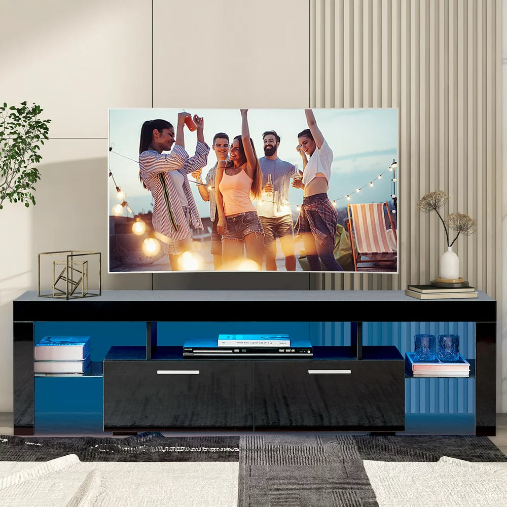 Uhomepro TV Stand for Tvs up to 70", Living Room Entertainment Center with RGB LED Lights and Storage Shelves Furniture, Black High Gloss TV Cabinet Console Table, Quick Assemble