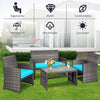 Costway 4PCS Patio Rattan Furniture Set Conversation Glass Table Top Cushioned Sofa Outdoor Turquoise