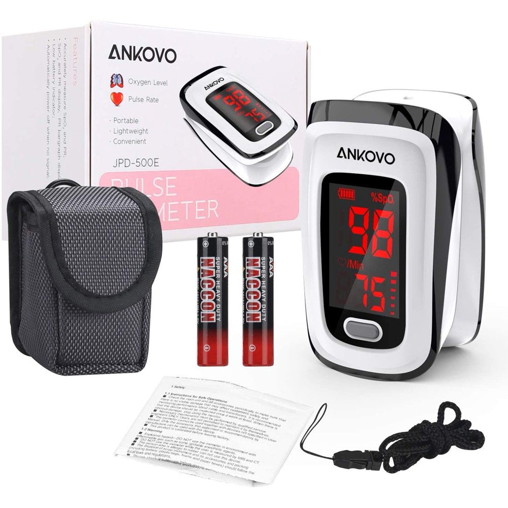 ANKOVO Fingertip Pulse Oximeter with Batteries&Lanyard, Bar Graphs, Heart Rate Monitor（Ship in Random Colors）