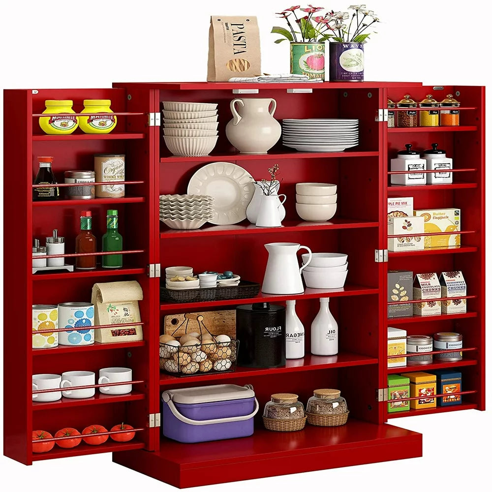 HOMEFORT 41" Kitchen Pantry, Farmhouse Pantry Cabinet, Storage Cabinet with Doors and Adjustable Shelves (Red)