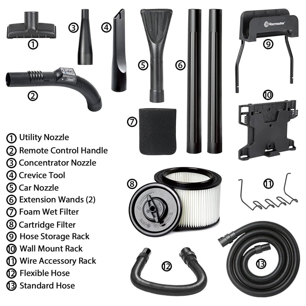 Vacmaster 5 Gallon 5 Peak HP Poly Wall Mount Wet/Dry Vacuum with Remote Control Operation, VWMB508