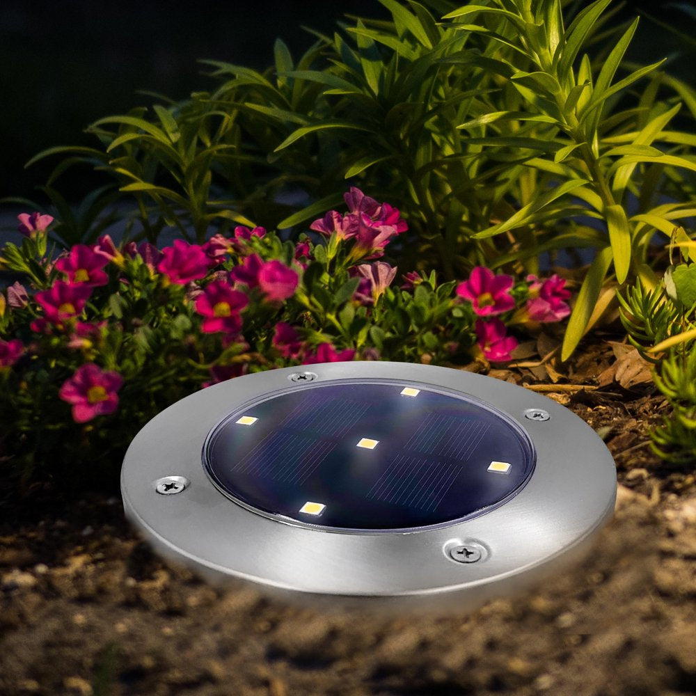 Mainstays Solar Powered Stainless Steel LED Landscape Walkway Disc Lights, 12 Lumens (4 Count)