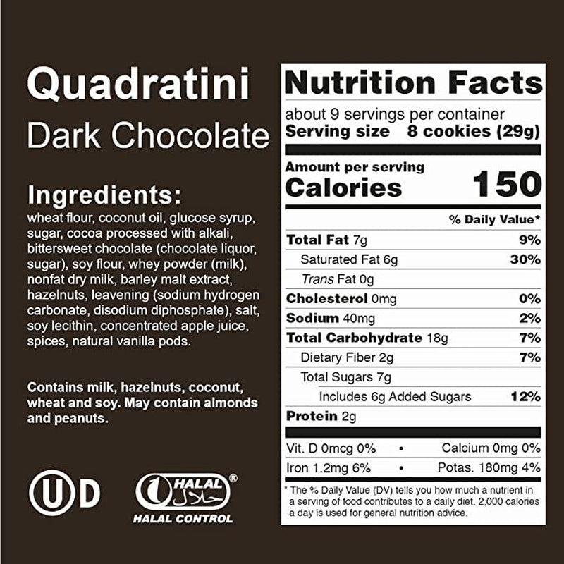 Loacker Quadratini Dark Chocolate, Non-Gmo Cream-Filled Bite-Size Wafer Cookies, 8.82 Oz, Pack of 6