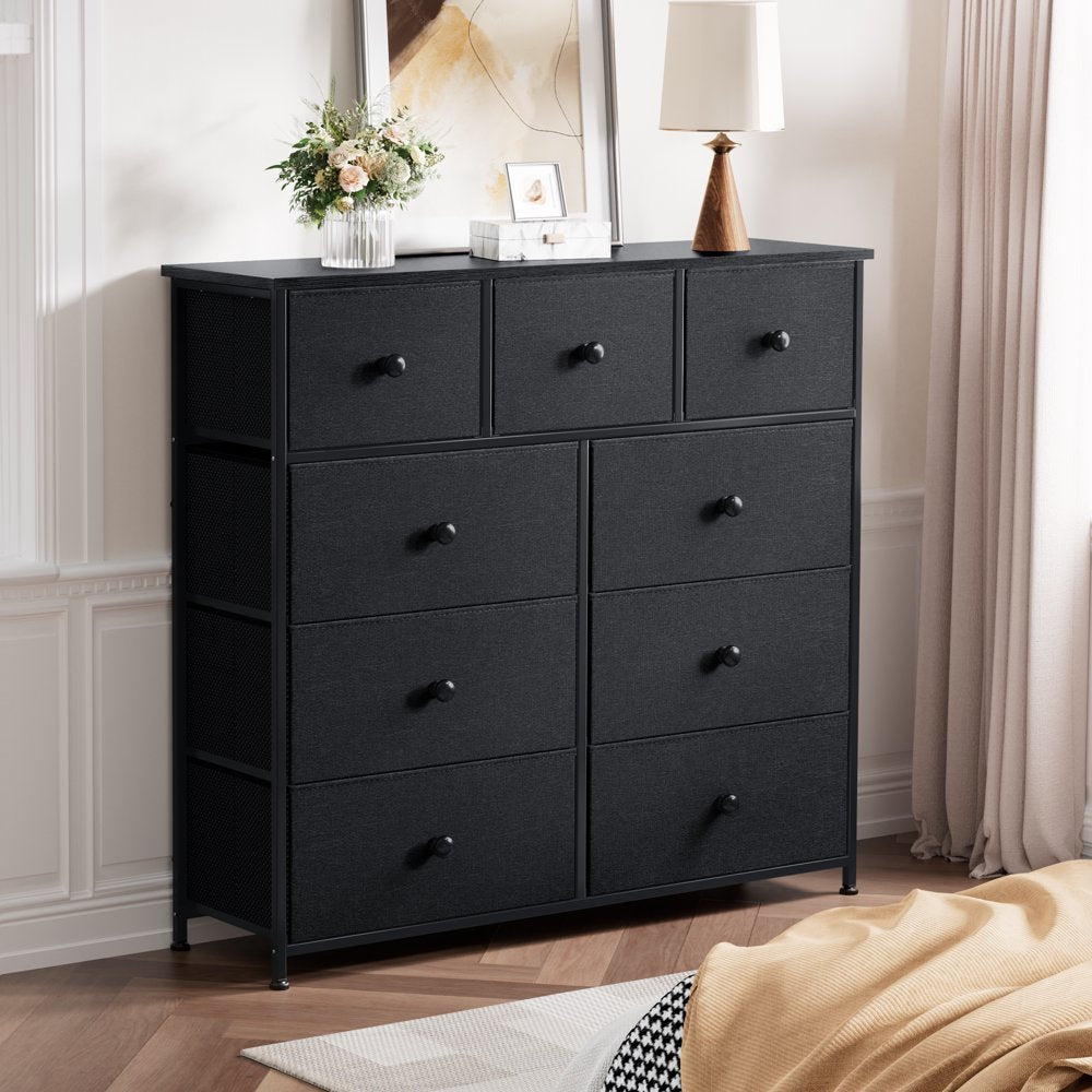 REAHOME Dressers for Bedroom of 9 Drawer Chest of Drawers Closets Black Dresser Large Capacity Organizer Tower Steel Frame Wooden Top YLZ9B6