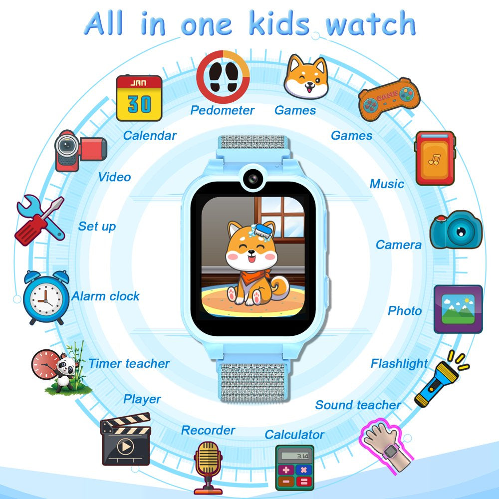 PTHTECHUS 1.54" Smart Watch for Boys Girls Smartwatch for Kids with Dual Camera Games Video MP3 Children Touch Screen Blue