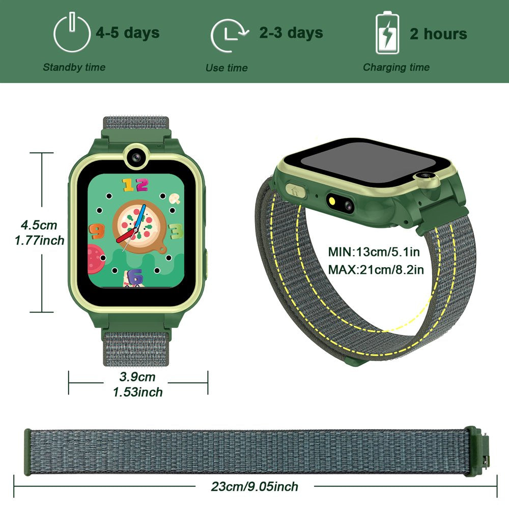 PTHTECHUS 1.54" Smart Watch for Boys Girls Smartwatch for Kids with Dual Camera Games Video MP3 Children Touch Screen Green