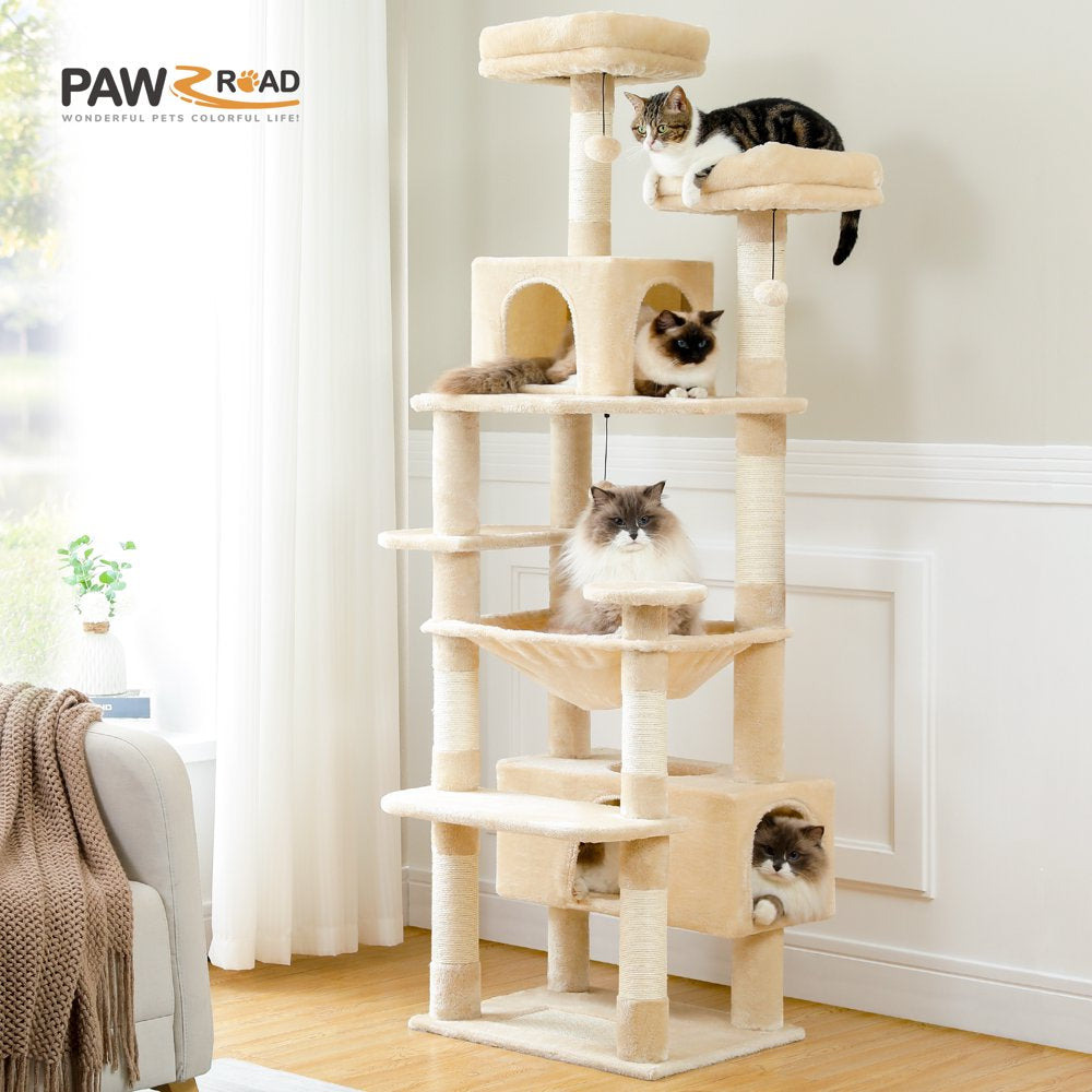 PAWZ Road 73" Cat Tree for Large Cats Multi Level Tall Cat Tower Condo with 7 Scratching Posts,Beige