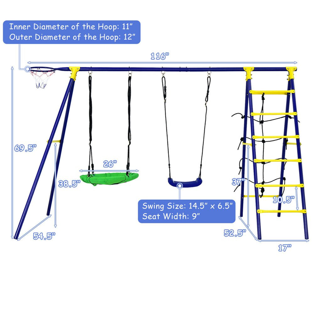 Gymax 5-In-1 Kids Swing Set for Outdoor W/ Heavy Duty Frame Basketball Hoop & Climbing Ladder