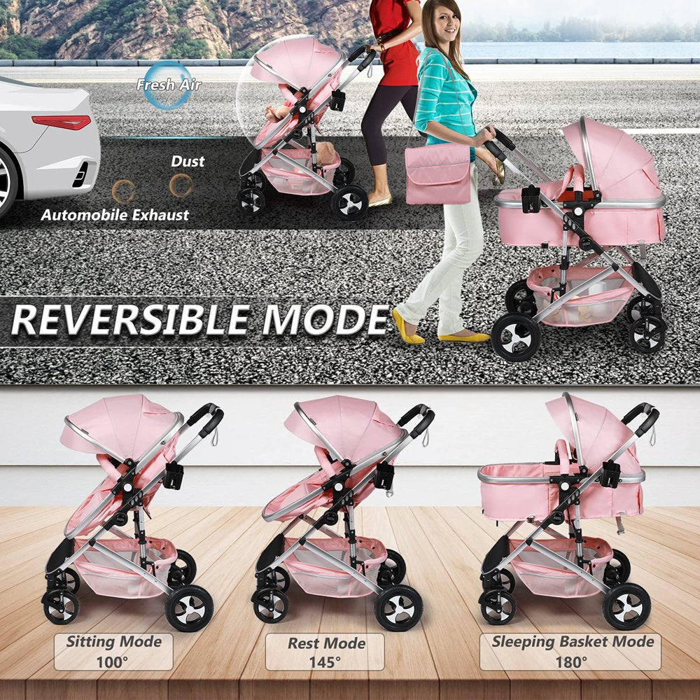 Kinder King 2 in 1 Convertible Baby Stroller, Folding Infant Newborn Reversible Bassinet Pram Stroller, Pink