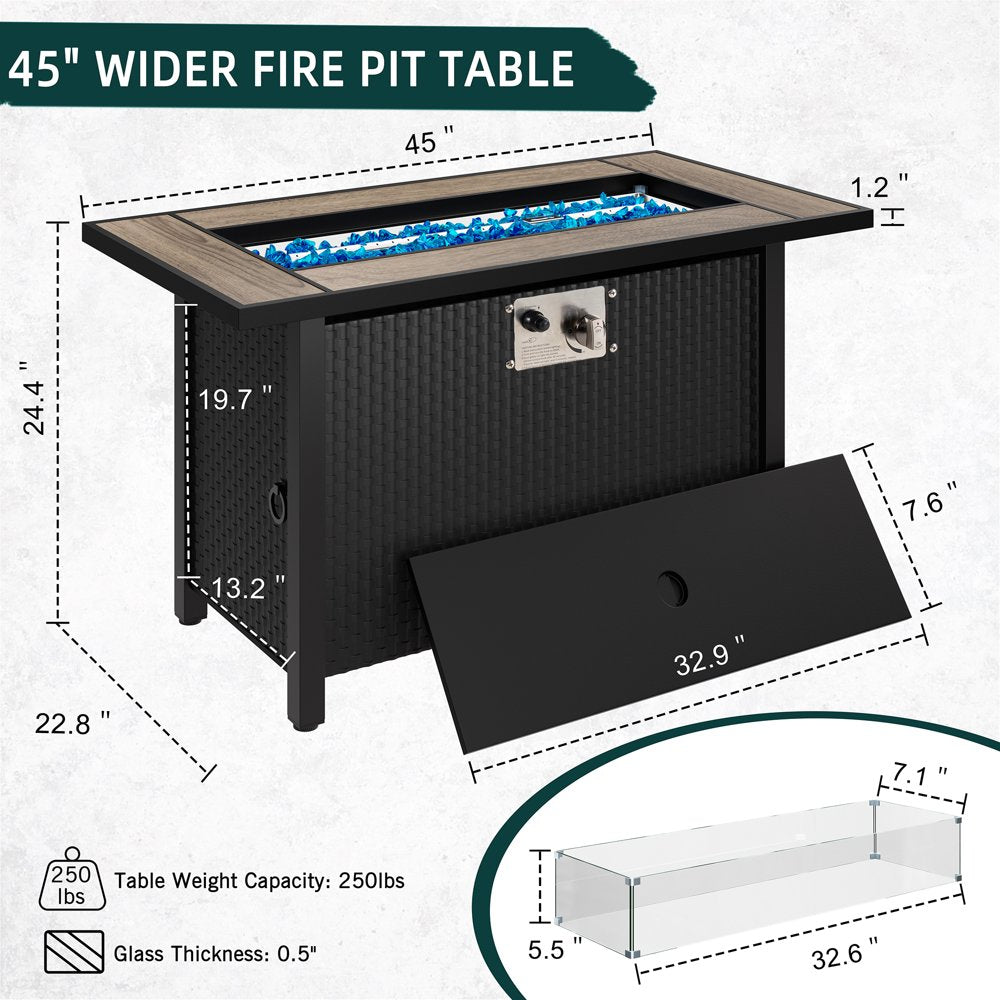 Walsunny 45" Propane Fire Pit Table 50,000 BTU Steel Gas Fire Pit with Lid and Lava Rock Rectangular Wood