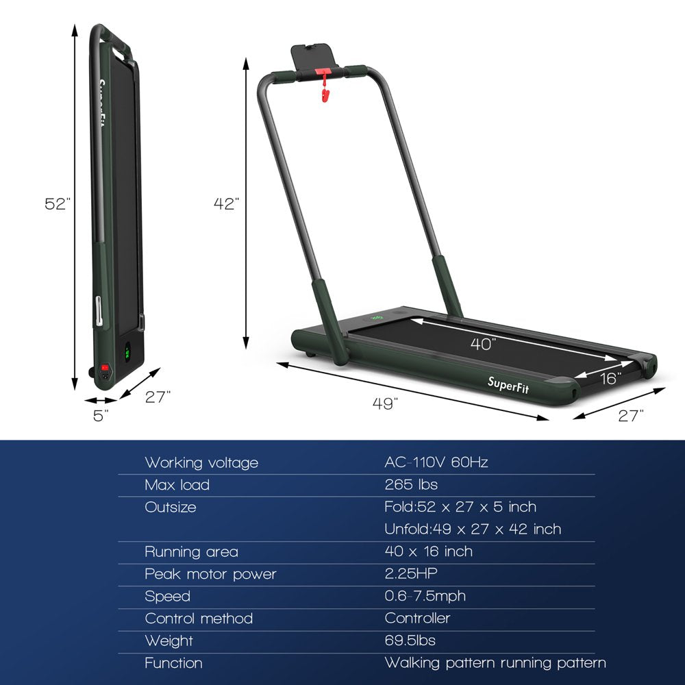 Superfit 2.25HP 2 in 1 Folding under Desk Treadmill W/ Remote Control APP, Single Display Screen Green