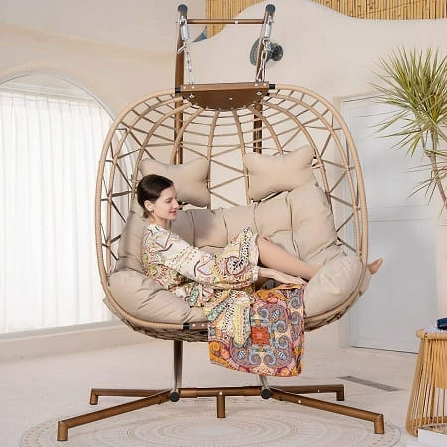 NICESOUL Outdoor Rattan Double Hanging Swing Egg Chair with Stand Cream Color 510 Lbs Max. (Cream)