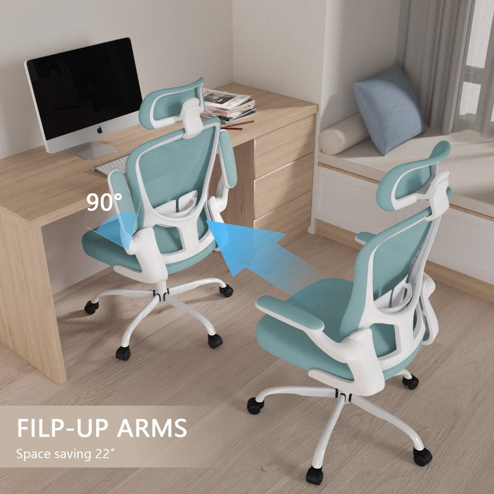 Lioncin Office Chair, High Back Ergonomic Desk Chair, Breathable Mesh Desk Chair with Adjustable Lumbar Support and Headrest, Swivel Task Chair with Flip-Up Armrests,Light Blue