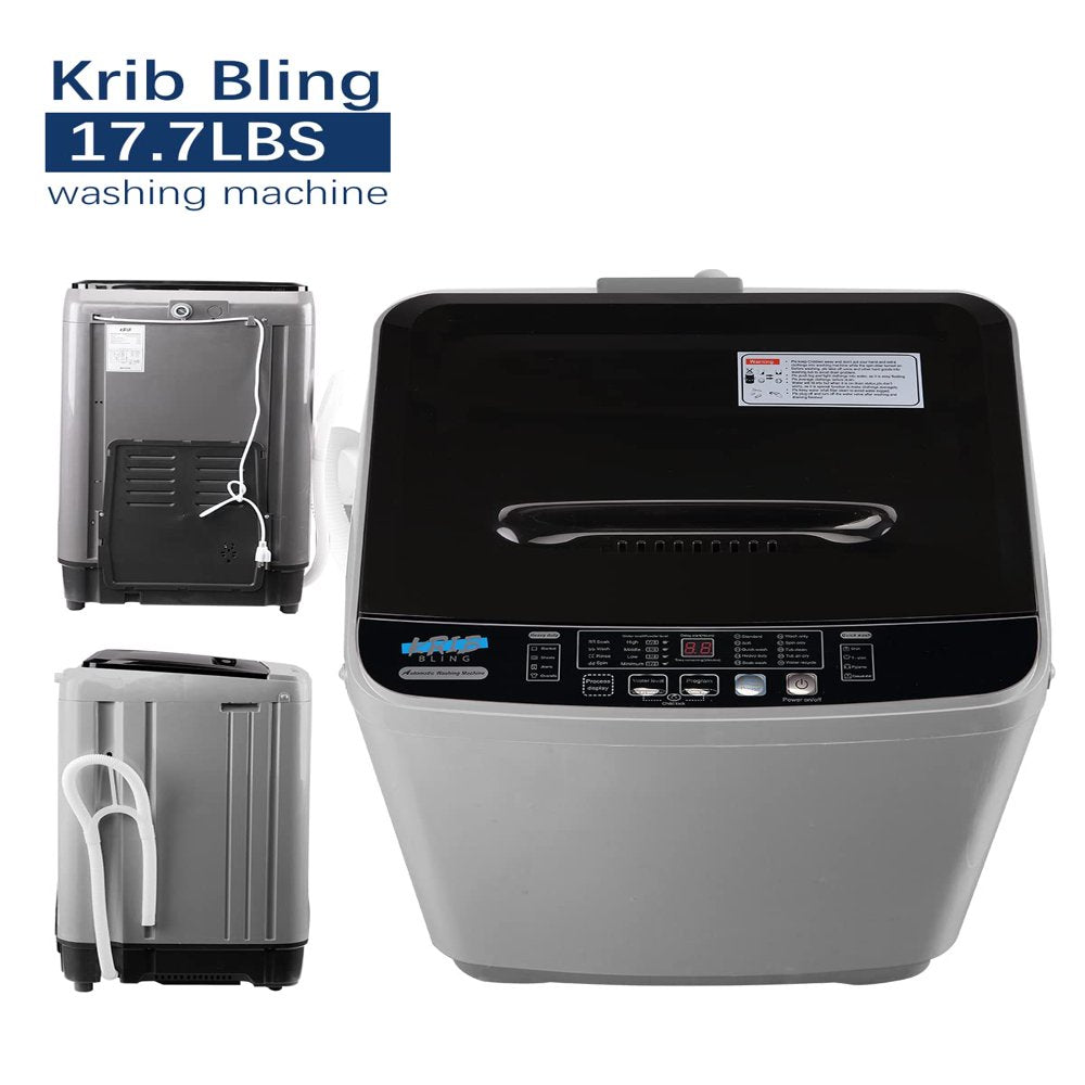 KRIB BLING Full Automatic Washing Machine with LED Display, 17.7 Lbs Portable Washing Machine, 10 Washing Programs & 8 Water Levels Selections, Grey