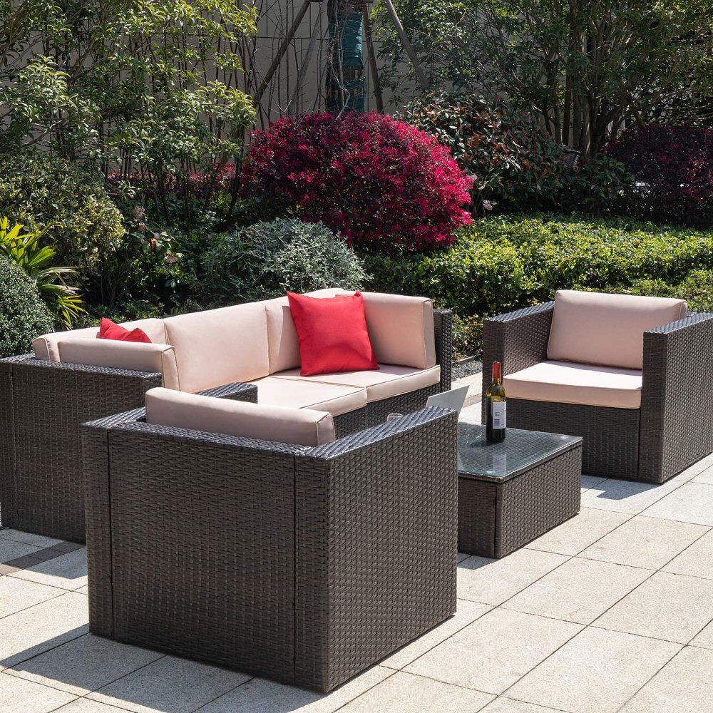 Lacoo 6 Pieces Outdoor Indoor Furniture Sectional Safa Modern Wicker Sets with Cushion All Weather Rattan Conversation Set with Glass Coffee Table and Armchairs for Patio Backyard Poolside Garden